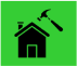 A black house with a hammer and wrench above it on a green background.